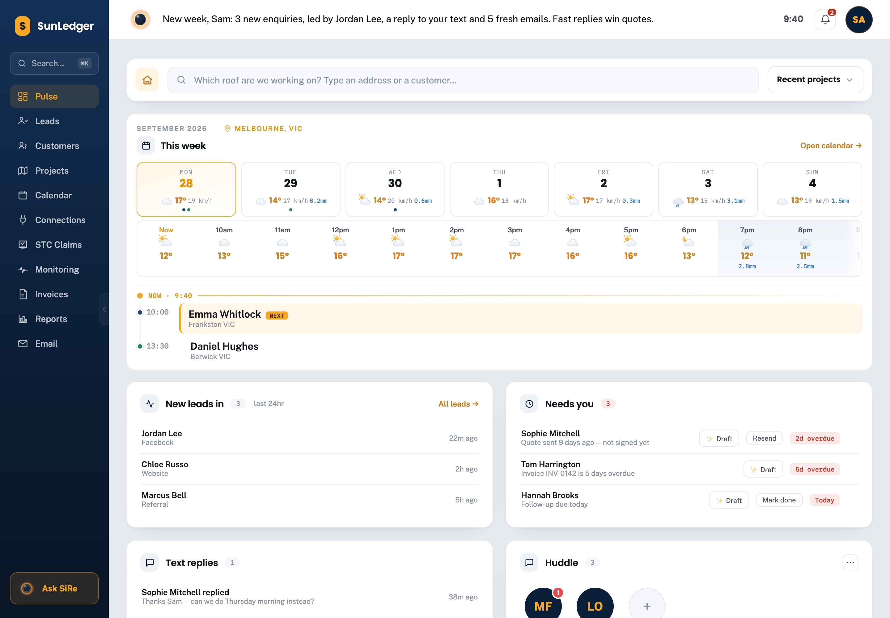 SunLedger's Pulse screen: a search to start a design, the week's weather, today's bookings, new leads, what needs chasing and the team huddle